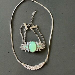 Silver Rhinestone Necklace and Mint Green Stone Bracelet Set